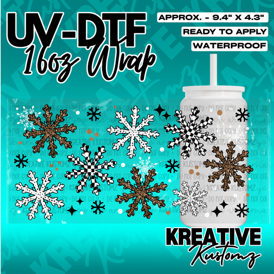 A UV DTF adhesive cup wrap featuring a pattern of leopard print and checkered snowflakes.