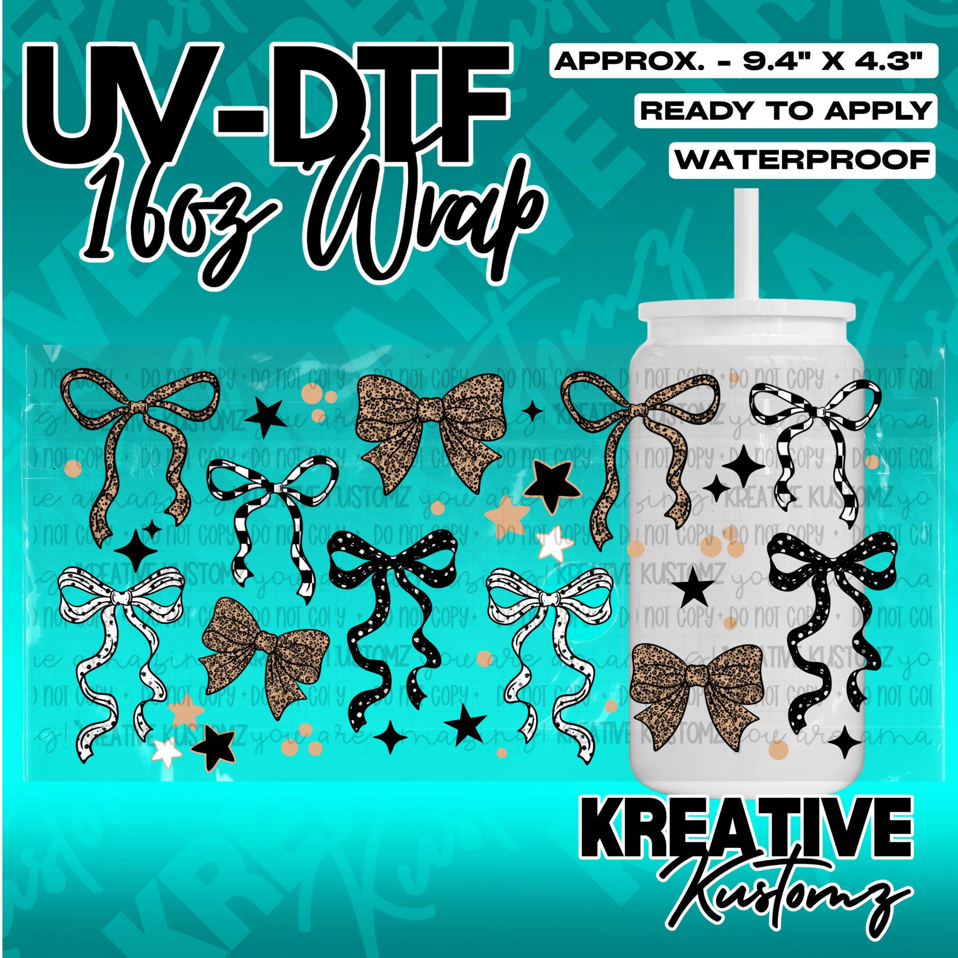 A UV DTF cup wrap featuring various leopard print and black and white patterned bows and stars.