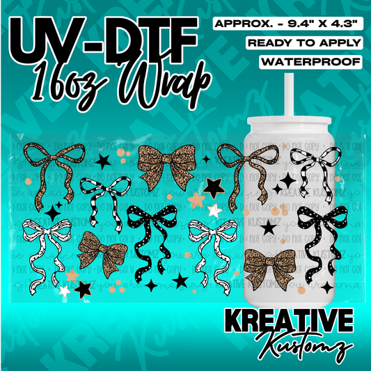 A UV DTF cup wrap featuring various leopard print and black and white patterned bows and stars.