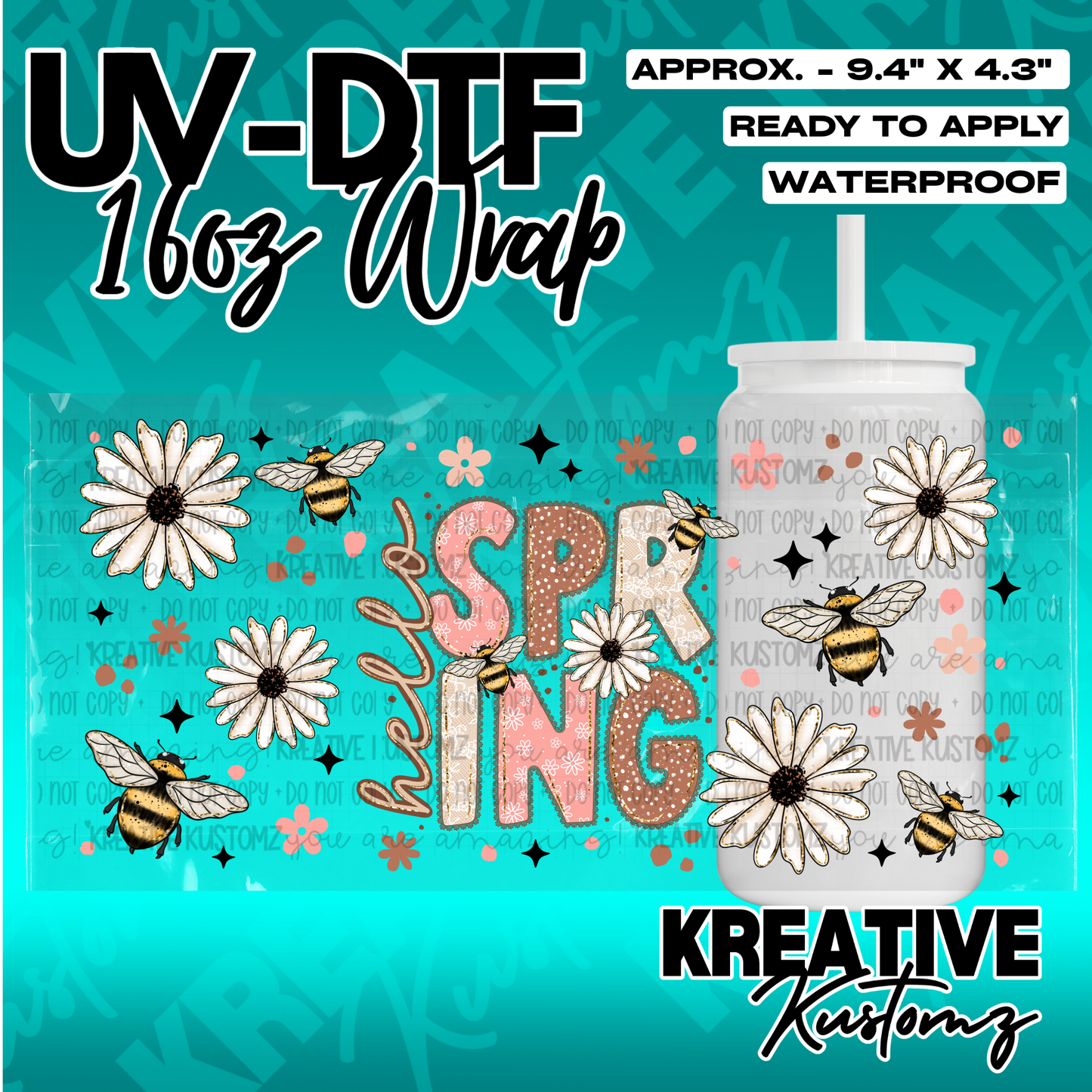 A floral and bee themed UV DTF adhesive wrap for a 16 ounce glass can cup.