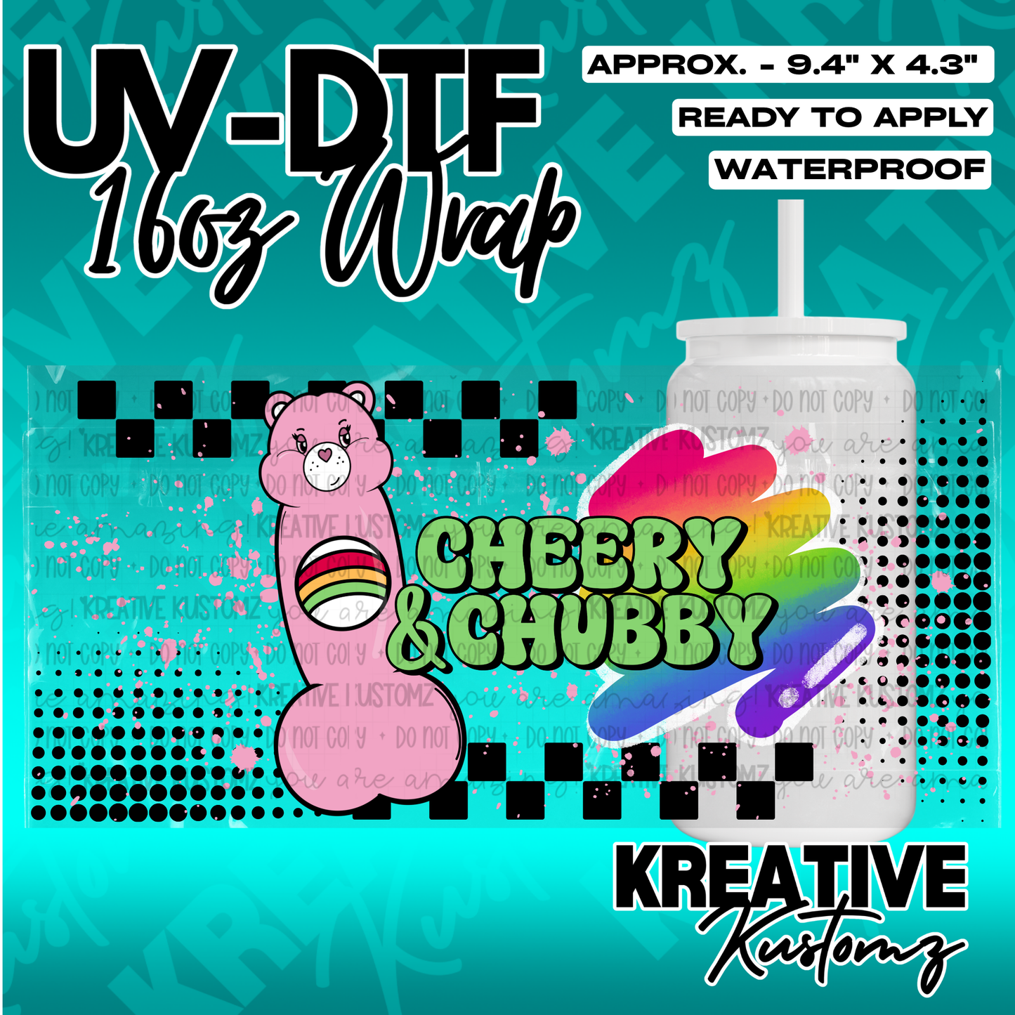 A UV DTF adhesive wrap for a 16oz glass cup featuring a pink bear character and colorful text.