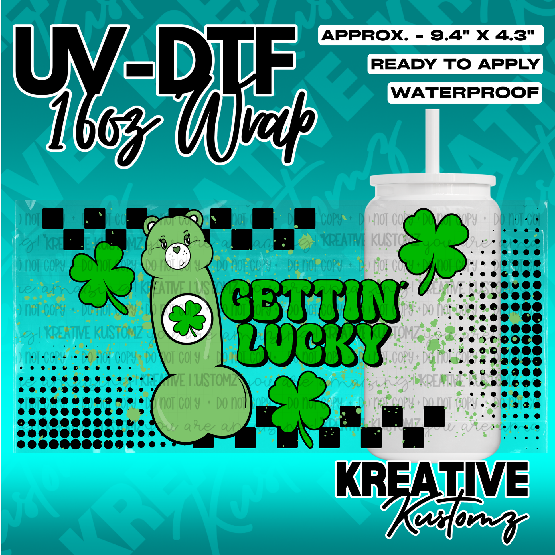 A green St. Patrick's Day themed UV DTF adhesive wrap for a 16oz glass cup.
