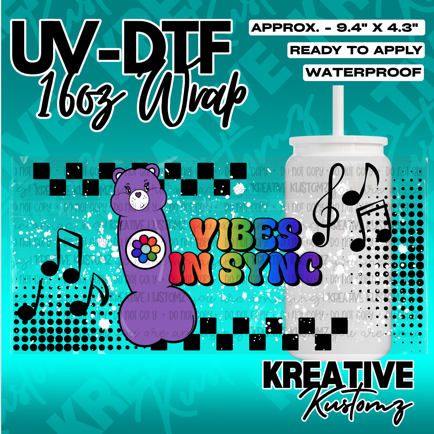 A UV DTF cup wrap featuring a purple bear, musical notes, and the text Vibes In Sync.
