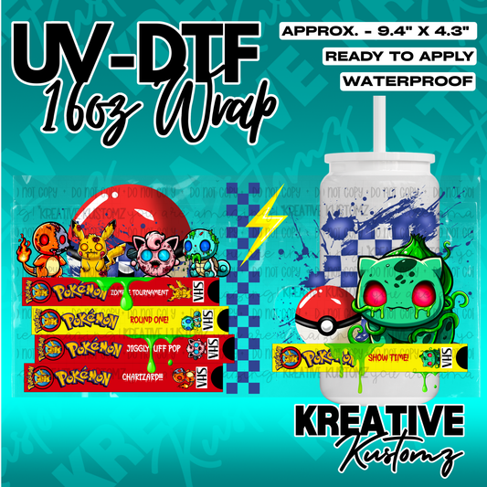 A zombie themed Pokemon UV DTF adhesive wrap for a 16oz glass cup.