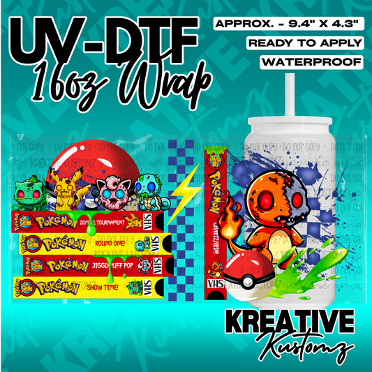 A zombie-themed Pokemon UV DTF wrap for a 16oz glass can featuring VHS tape designs.