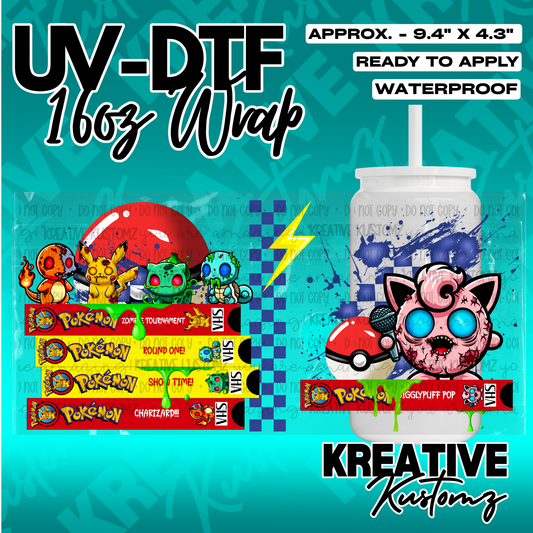 A UV DTF adhesive wrap for 16oz glass cans featuring a zombie-themed Pokemon design.
