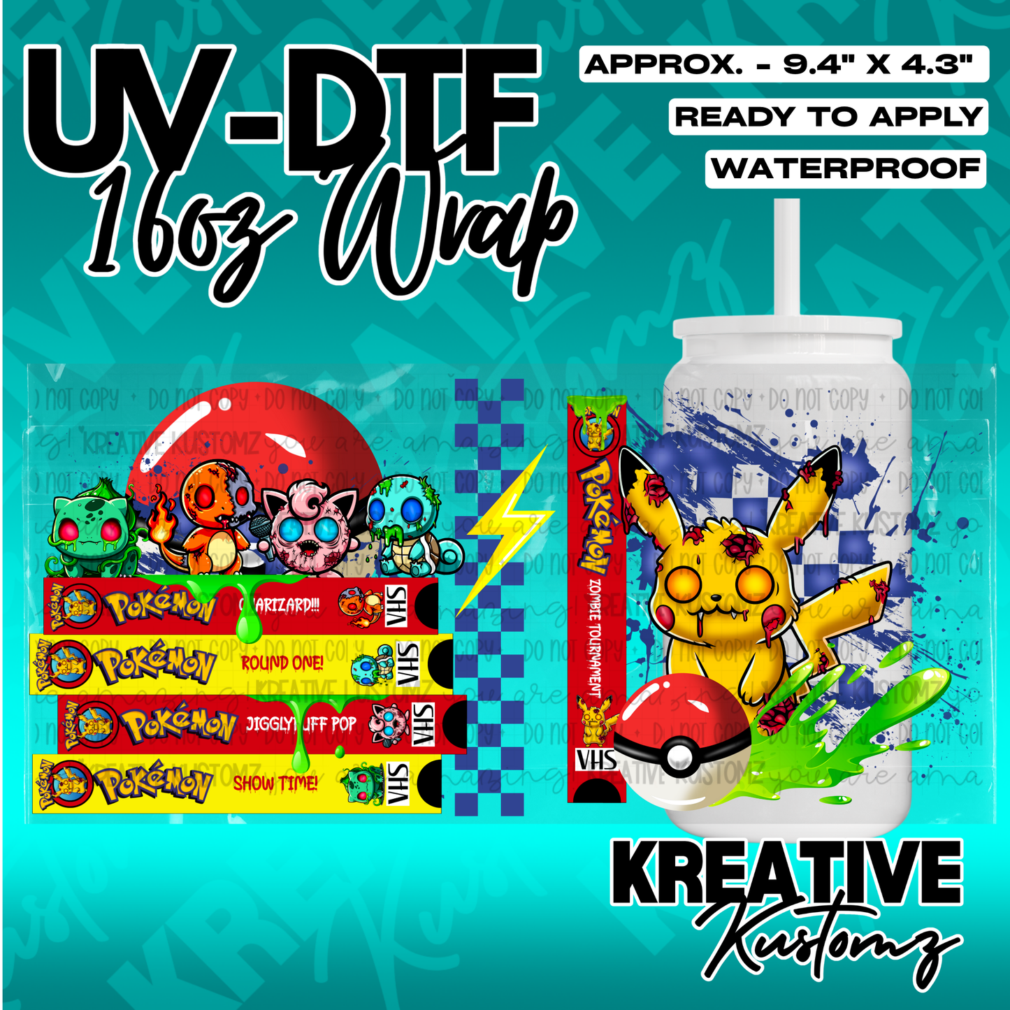 A zombie Pokemon themed UV DTF adhesive wrap for a 16oz glass can.