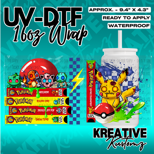 A zombie Pokemon themed UV DTF adhesive wrap for a 16oz glass can.