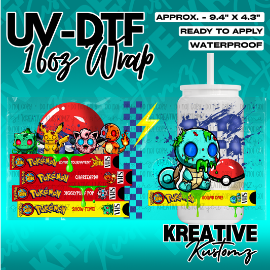 A zombie-themed Pokemon UV DTF decal wrap for a 16oz glass can.