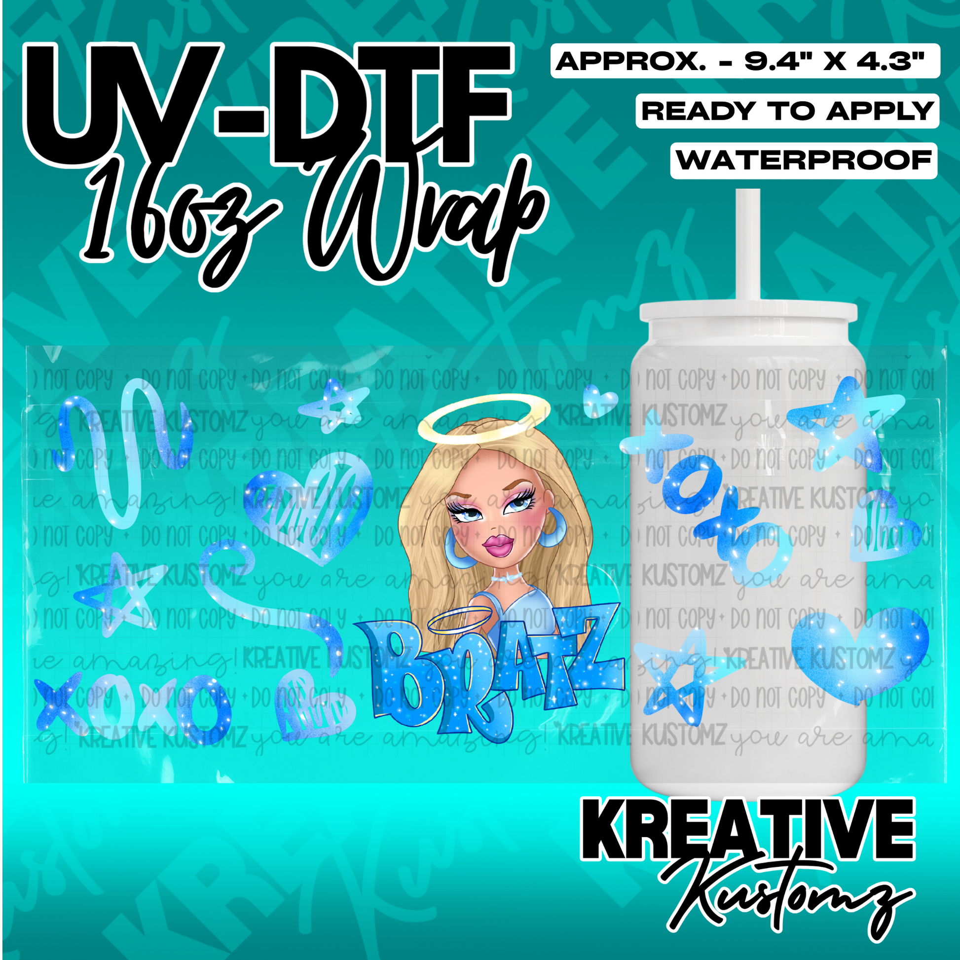 A blue Bratz themed UV DTF wrap for a 16oz glass cup featuring a doll illustration and stars.
