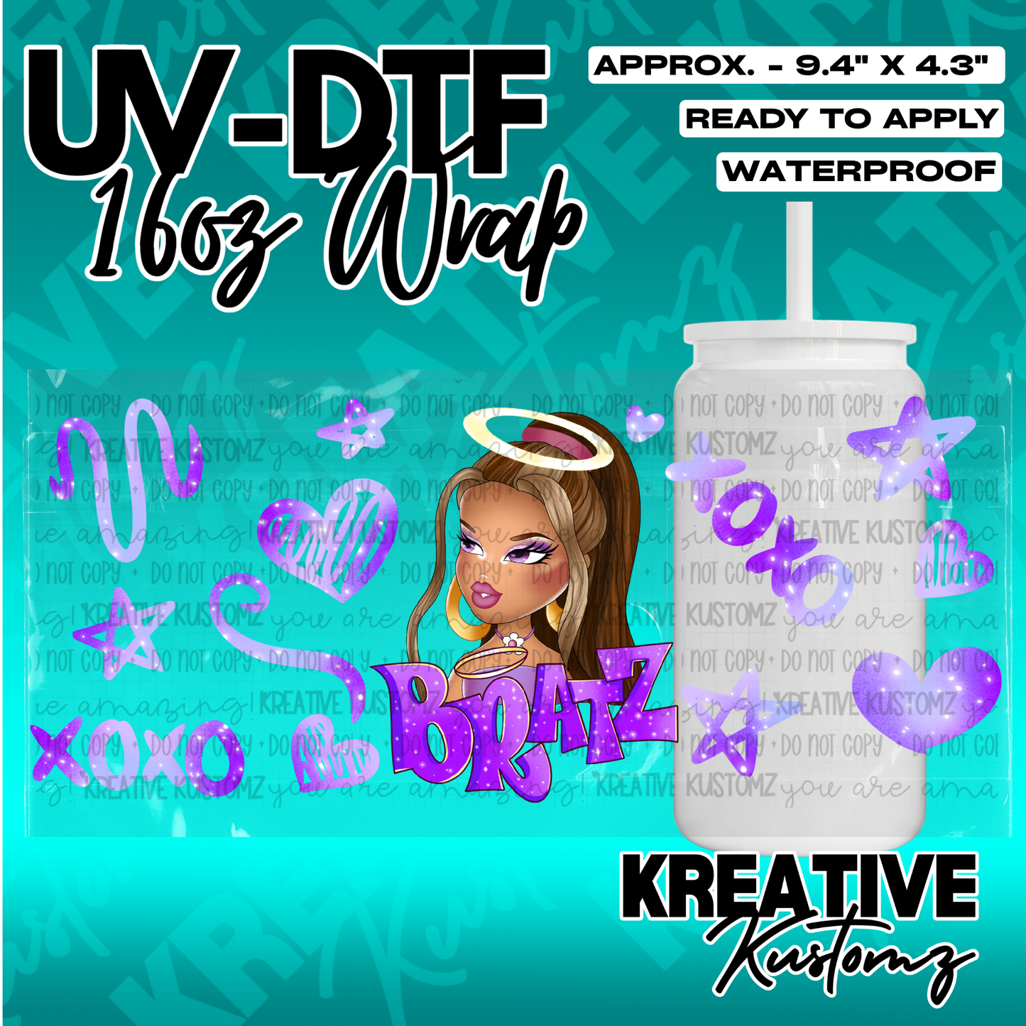 A UV DTF cup wrap featuring a Bratz-style character with purple accents for a 16oz glass can.