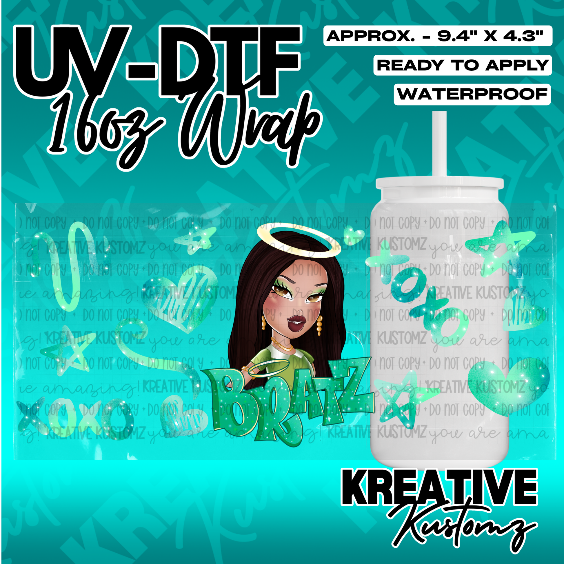 A Bratz themed UV DTF adhesive wrap for a 16 ounce glass cup featuring a green and brown design.
