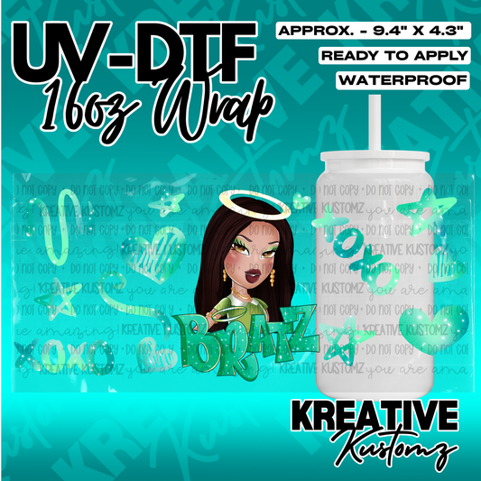 A Bratz themed UV DTF adhesive wrap for a 16 ounce glass cup featuring a green and brown design.