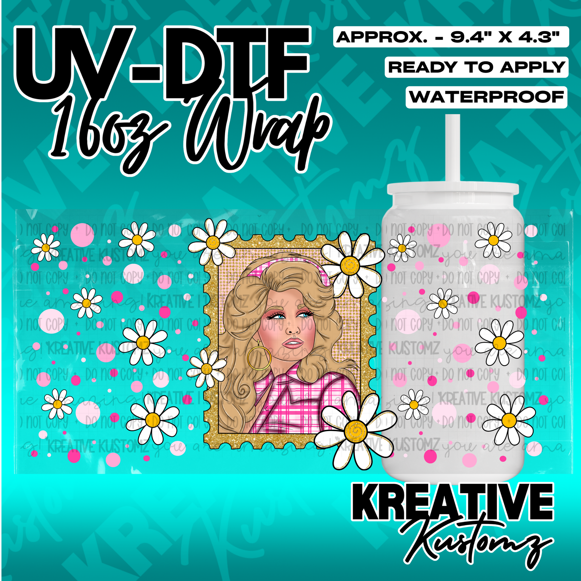 A UV DTF cup wrap featuring a portrait of a blonde woman in a pink shirt surrounded by daisies.