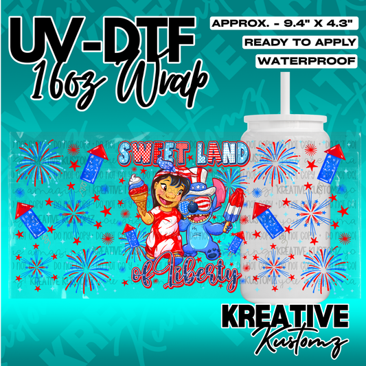 A patriotic Lilo and Stitch themed UV DTF adhesive wrap for a 16oz glass cup.