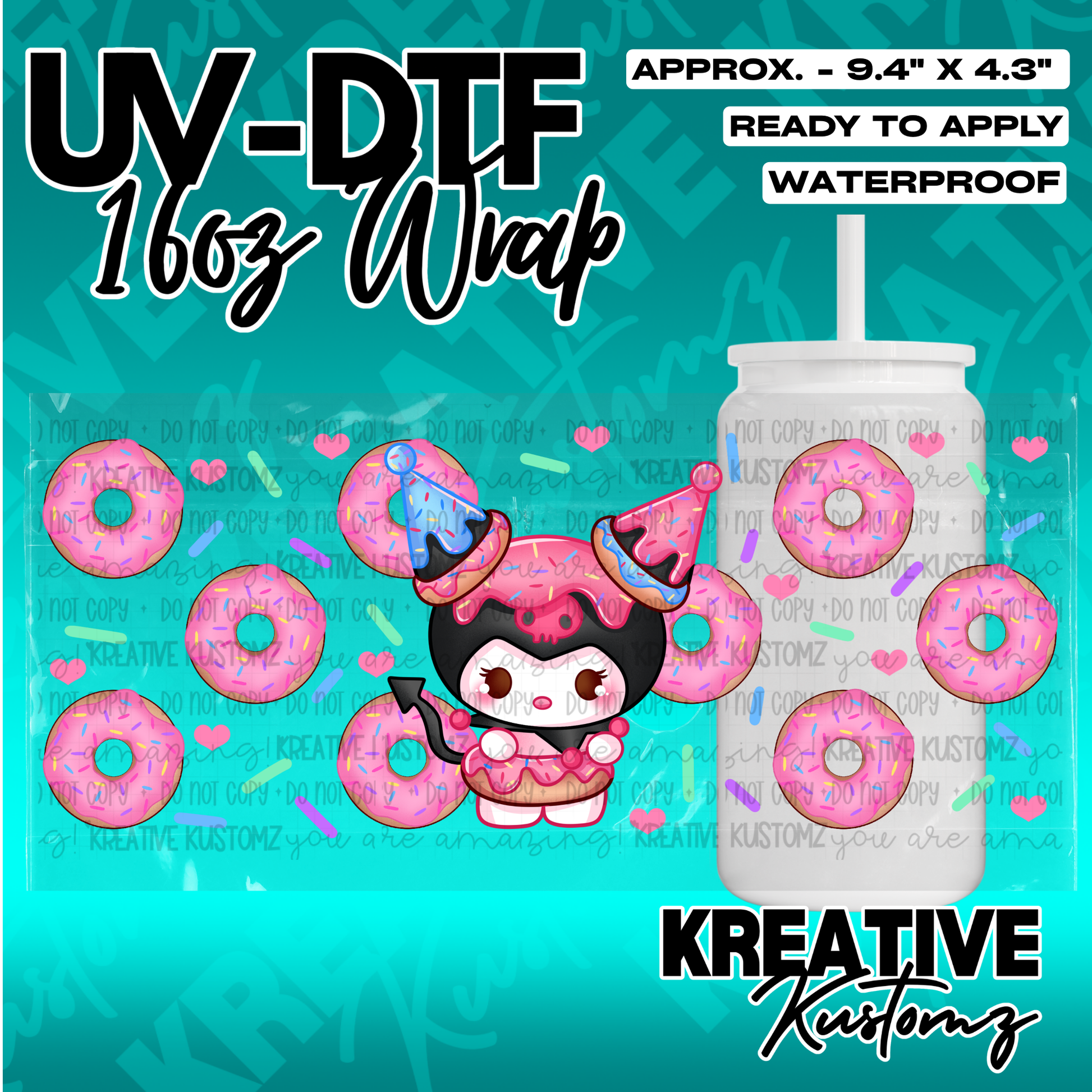 A UV DTF cup wrap featuring a cartoon character with donuts on a teal background.