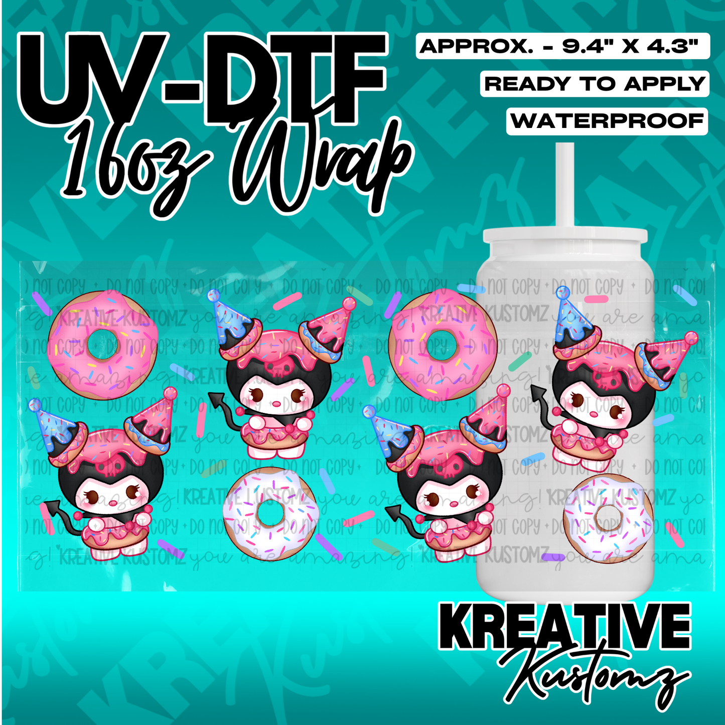 A UV DTF adhesive cup wrap featuring Kuromi characters and donuts for a 16oz glass can.