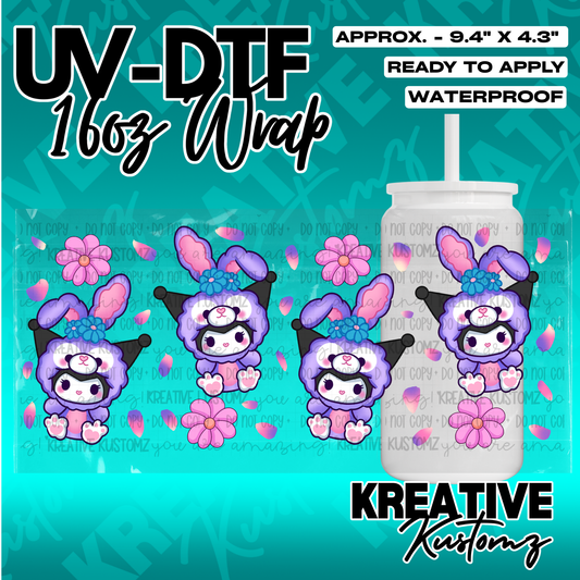 A UV DTF adhesive cup wrap featuring a purple bunny character design for 16oz glass cans.