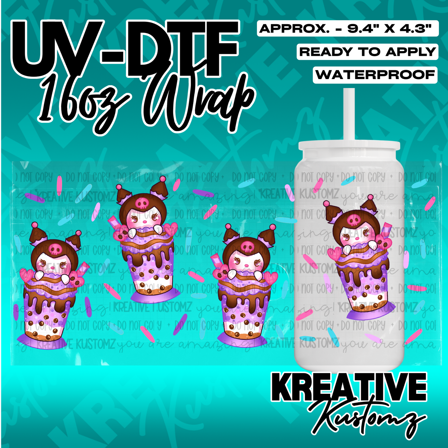 A UV DTF adhesive cup wrap featuring a repeating pattern of Kuromi-themed boba drinks.