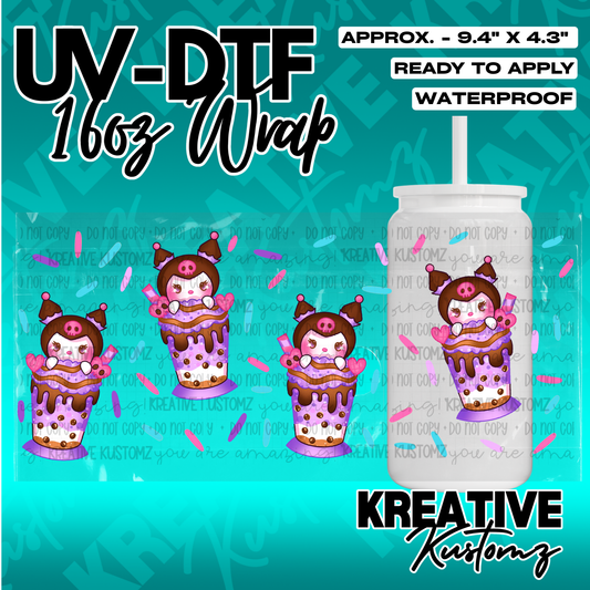 A UV DTF adhesive cup wrap featuring a repeating pattern of Kuromi-themed boba drinks.