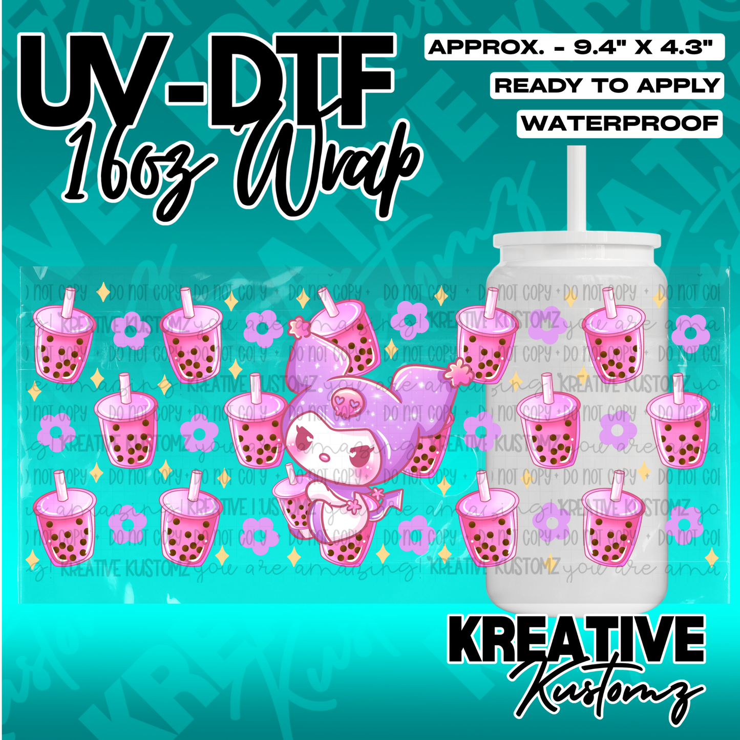 A UV DTF adhesive wrap for 16oz glass cans featuring a pink boba tea and Kuromi character pattern.
