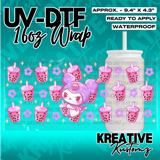 A UV DTF adhesive wrap for 16oz glass cans featuring a pink boba tea and Kuromi character pattern.
