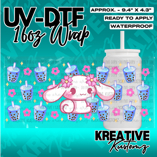 A UV DTF adhesive wrap for a 16oz glass cup featuring a pink cartoon character and boba tea icons.