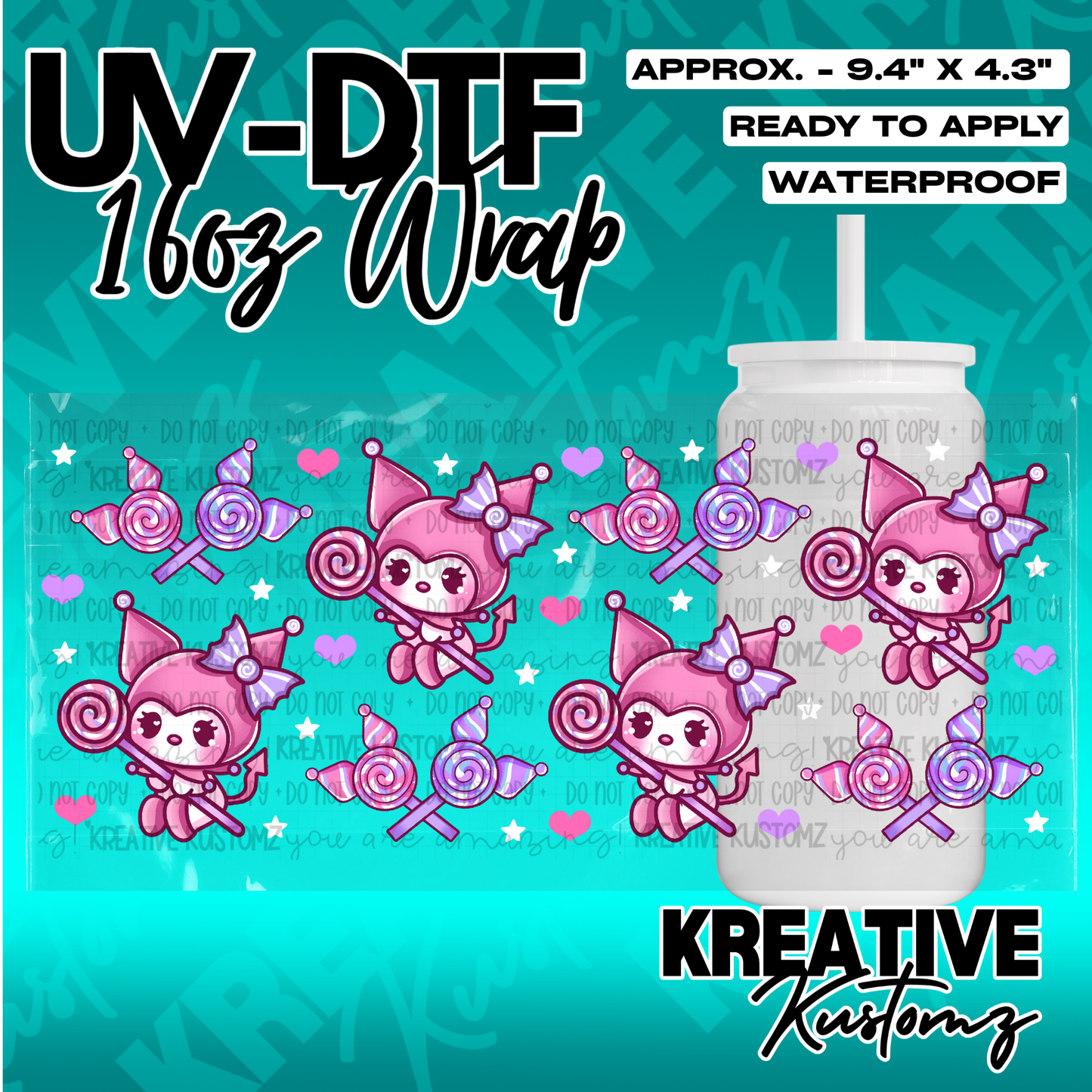 A pink Kuromi character themed UV DTF adhesive wrap for a 16oz glass cup.