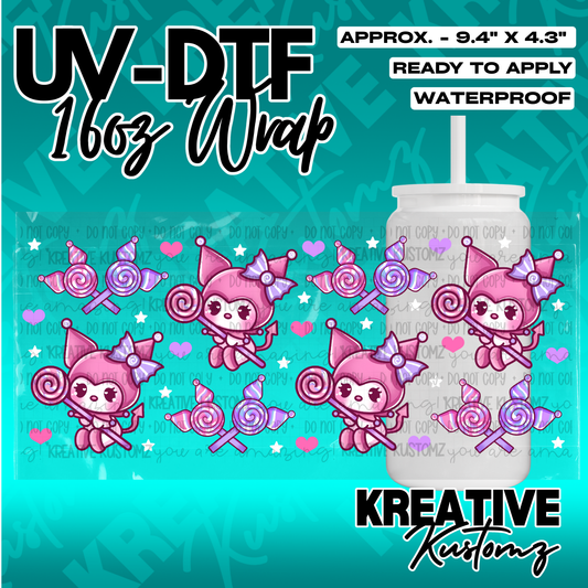 A pink Kuromi character themed UV DTF adhesive wrap for a 16oz glass cup.