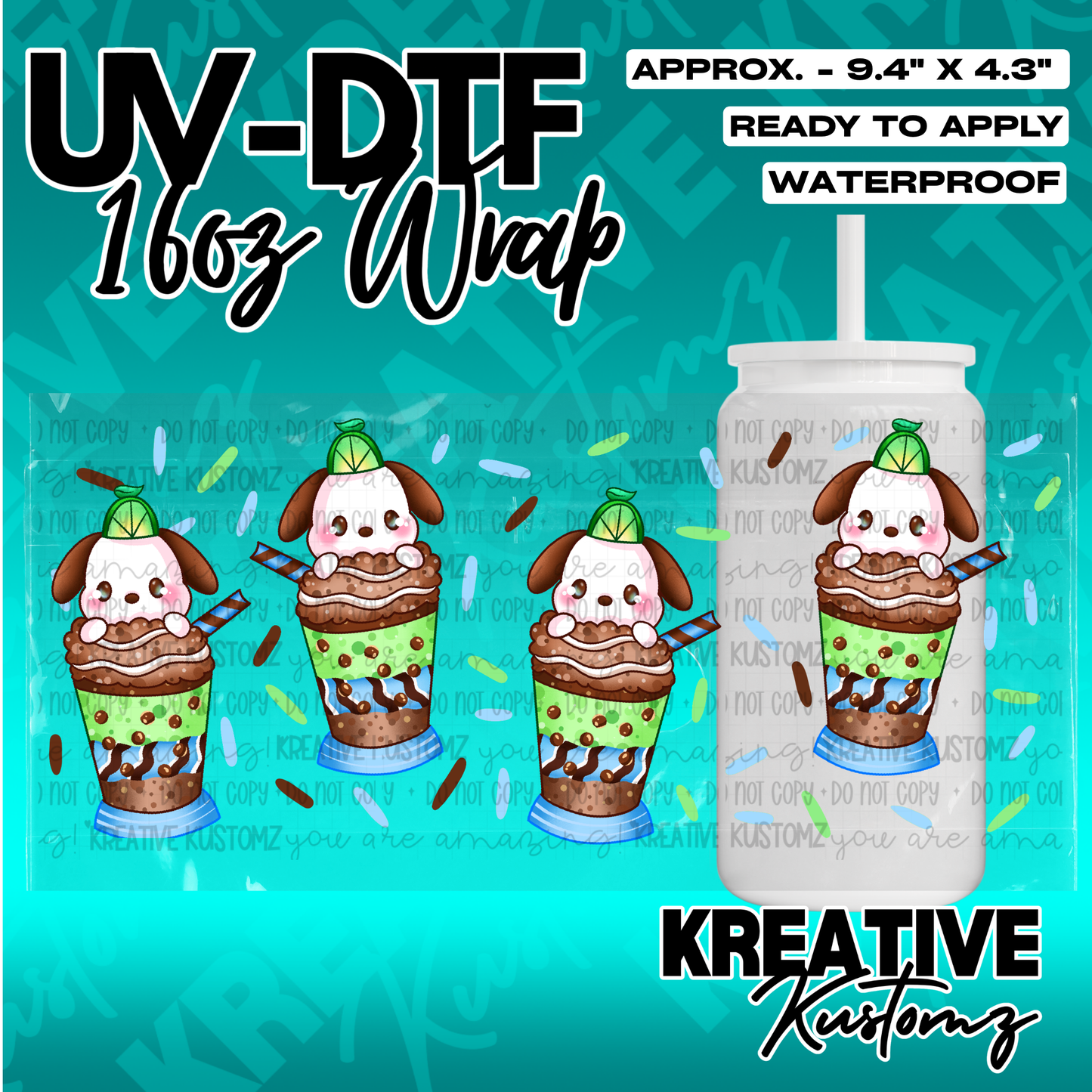 A UV DTF adhesive wrap for 16oz glass cans featuring a repeating pattern of dogs in boba drinks.