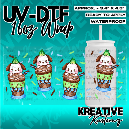 A UV DTF adhesive wrap for 16oz glass cans featuring a repeating pattern of dogs in boba drinks.