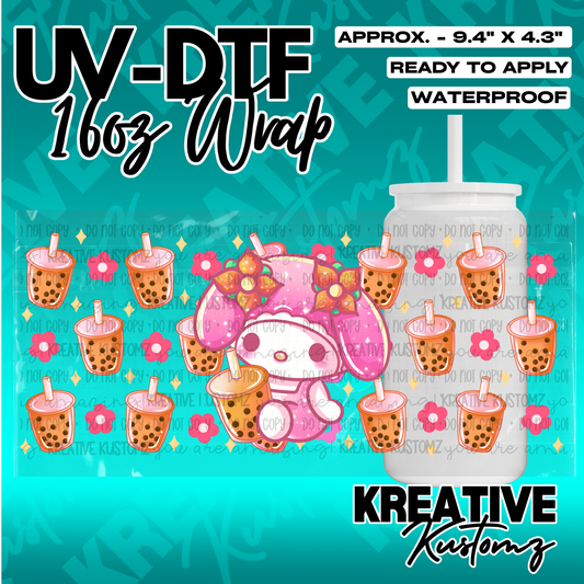 A UV DTF adhesive wrap for a 16oz glass cup featuring a My Melody character and boba tea pattern.