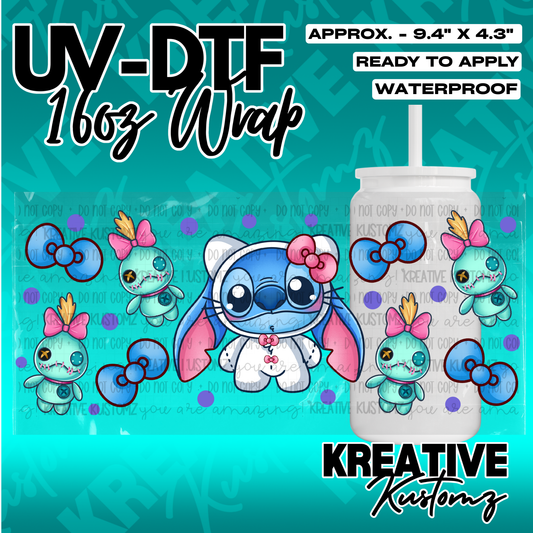 A UV DTF adhesive wrap for 16oz glass cans featuring Stitch and voodoo doll characters.