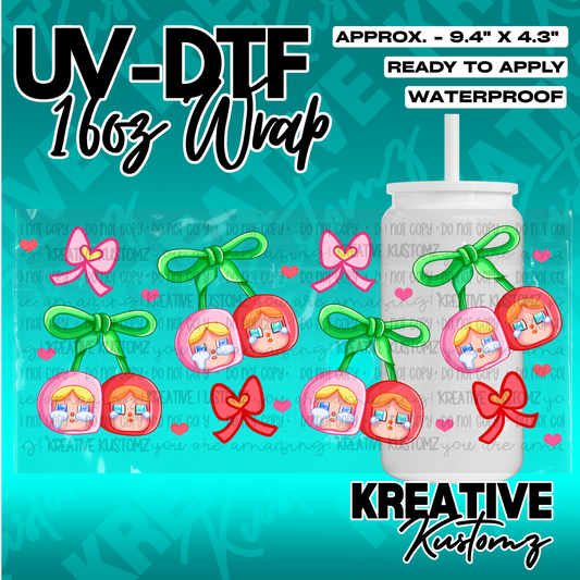 A UV DTF adhesive wrap for a 16oz glass cup featuring a pattern of crying faces and bows.