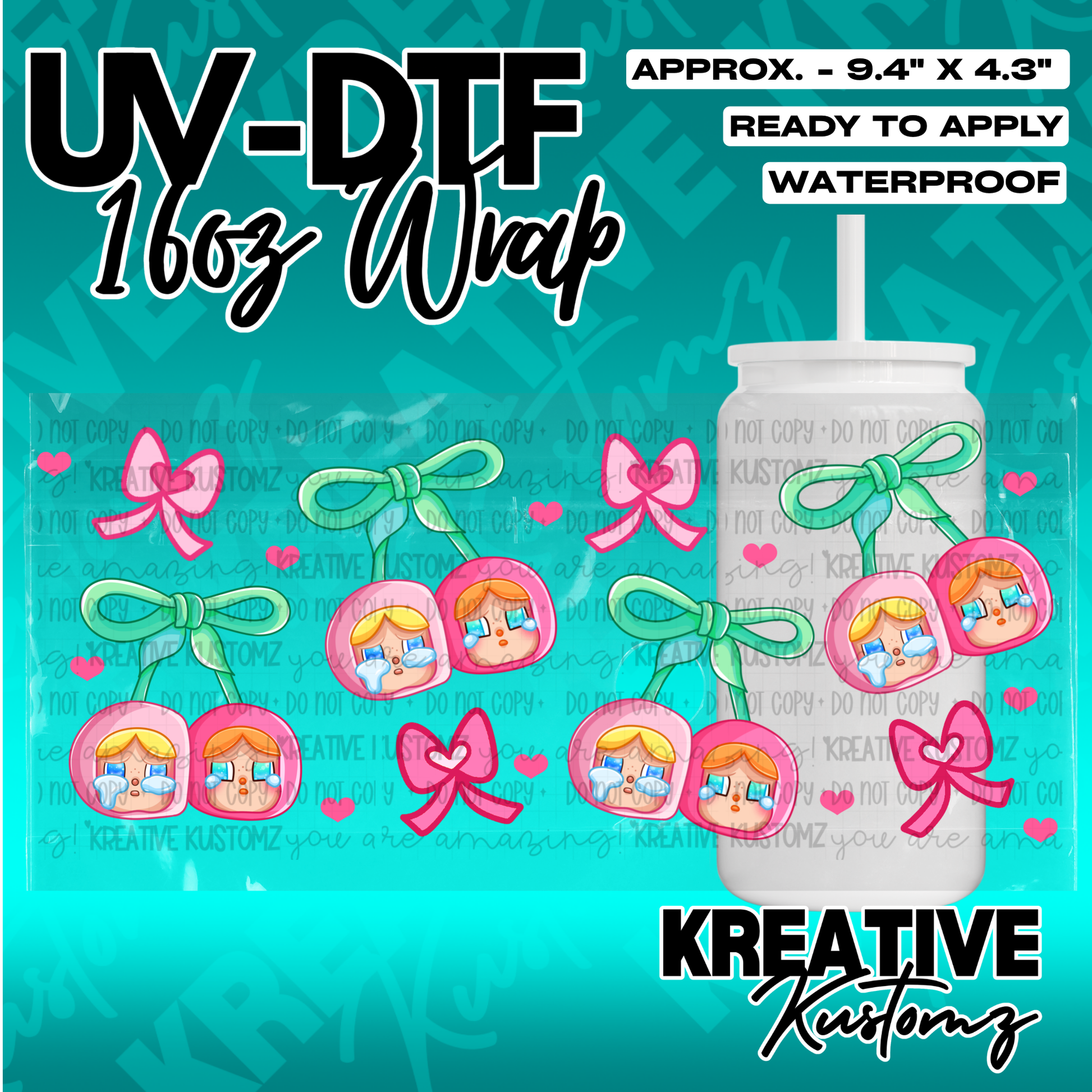 A UV DTF cup wrap featuring a pattern of crying girl faces with bows on a clear backing.