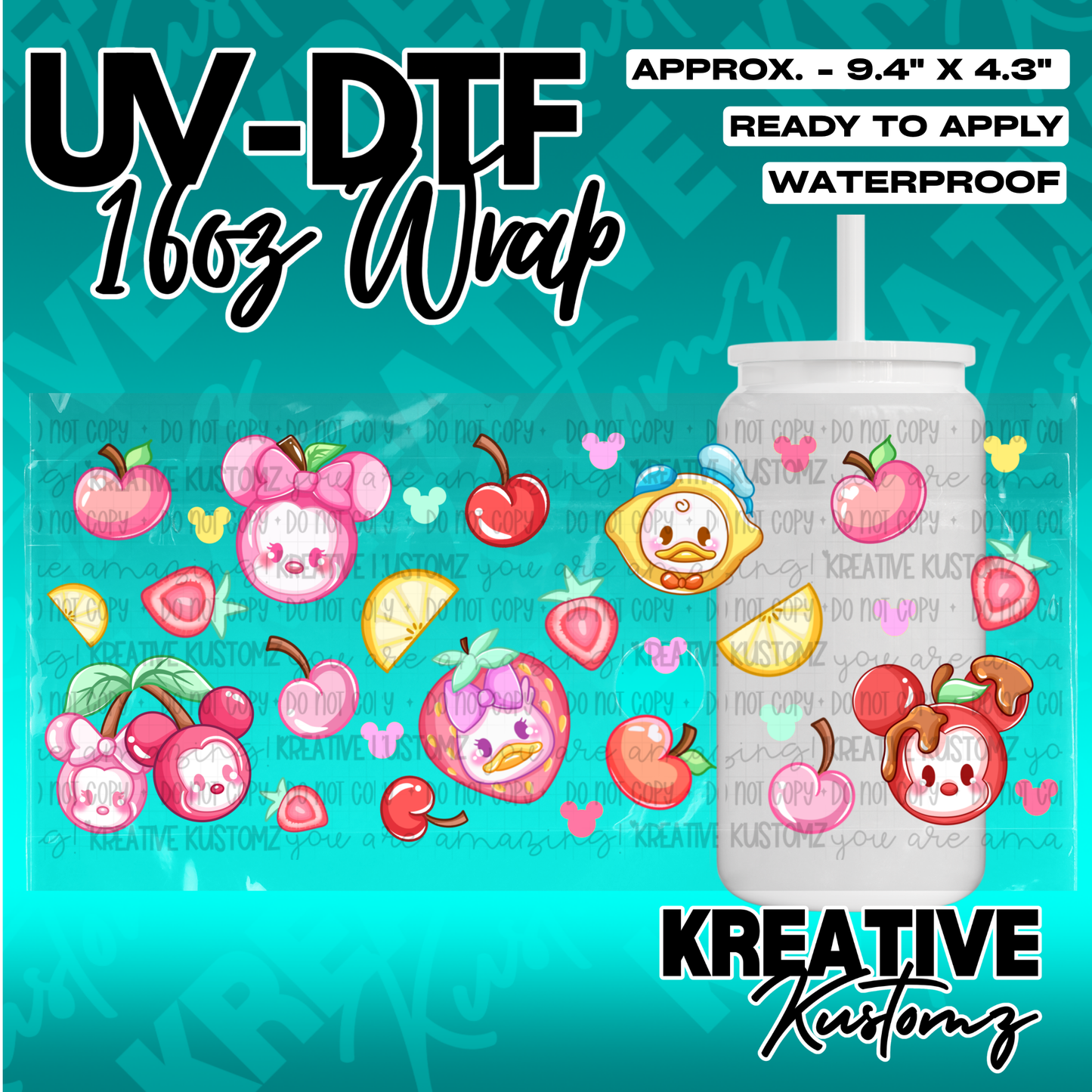 A UV DTF cup wrap featuring cartoon fruit characters with mouse ears for 16oz glass cans.