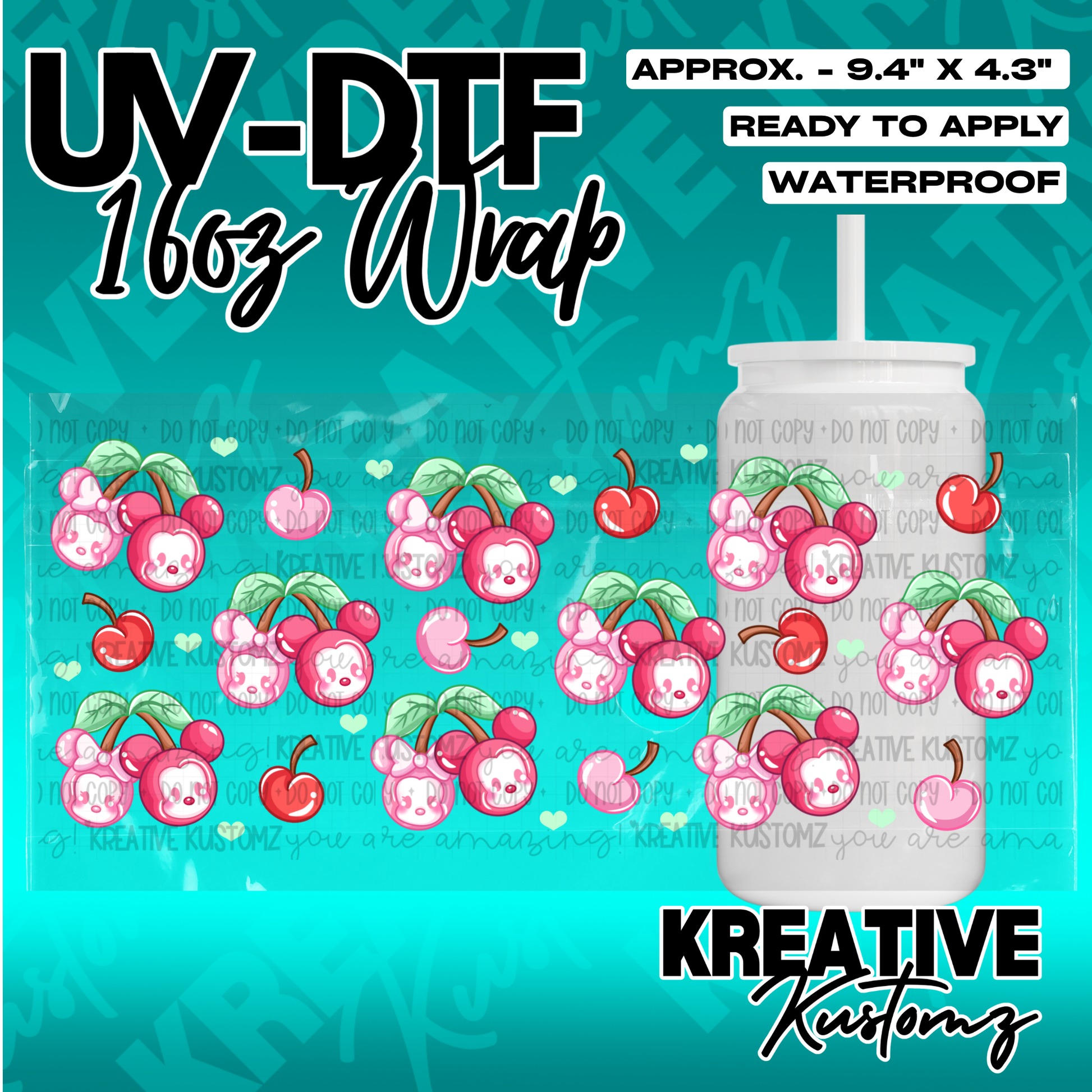 A UV DTF adhesive wrap for a 16oz glass cup featuring a pattern of pink and red cherry characters.