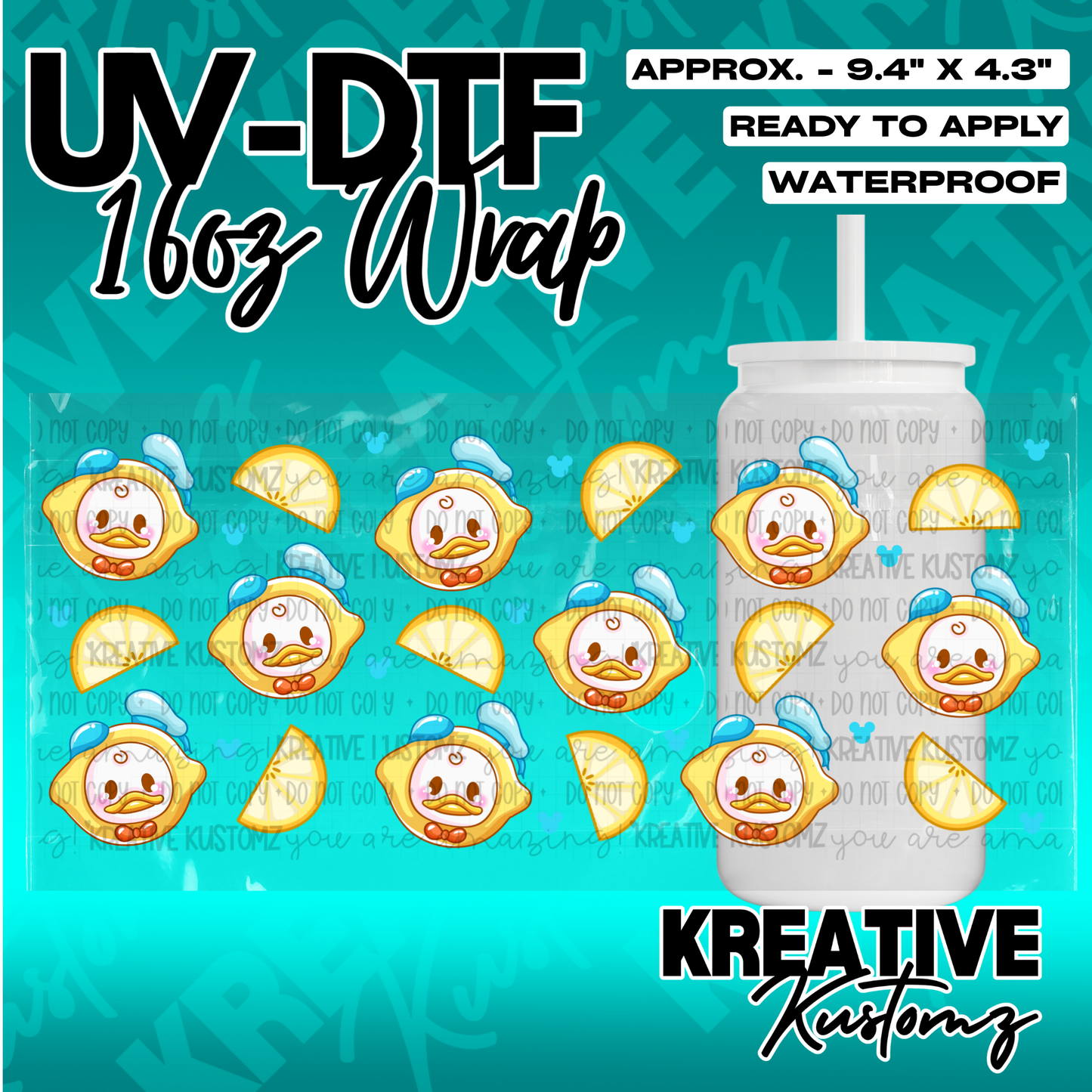 A UV DTF cup wrap featuring a pattern of cartoon ducks inside lemon slices for a 16oz glass can.