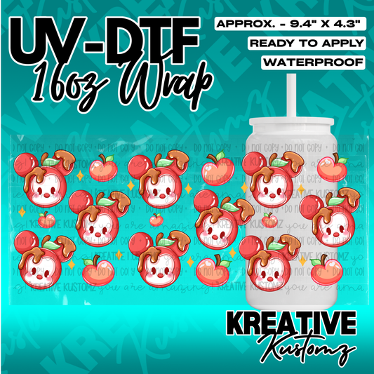 A UV DTF adhesive cup wrap featuring a pattern of cartoon apple characters for 16oz glass cans.