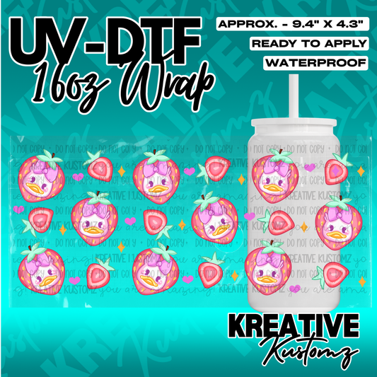 A UV DTF adhesive wrap for 16oz glass cans featuring a pattern of strawberries and duck faces.