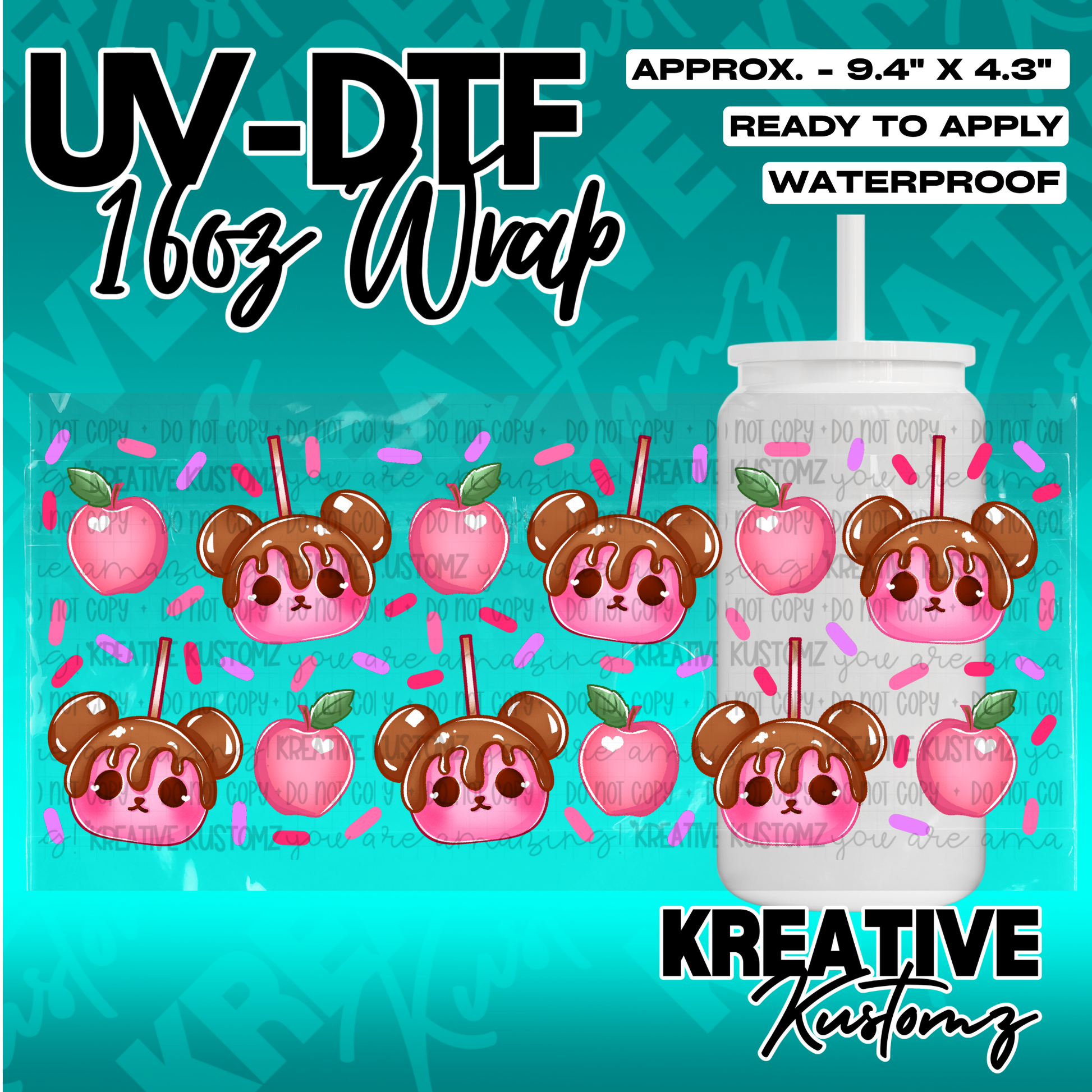 A UV DTF cup wrap featuring a pattern of chocolate-covered apple characters and sprinkles.