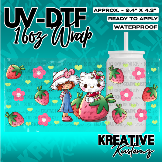 A strawberry-themed UV DTF adhesive wrap for a 16oz glass cup featuring cartoon characters.