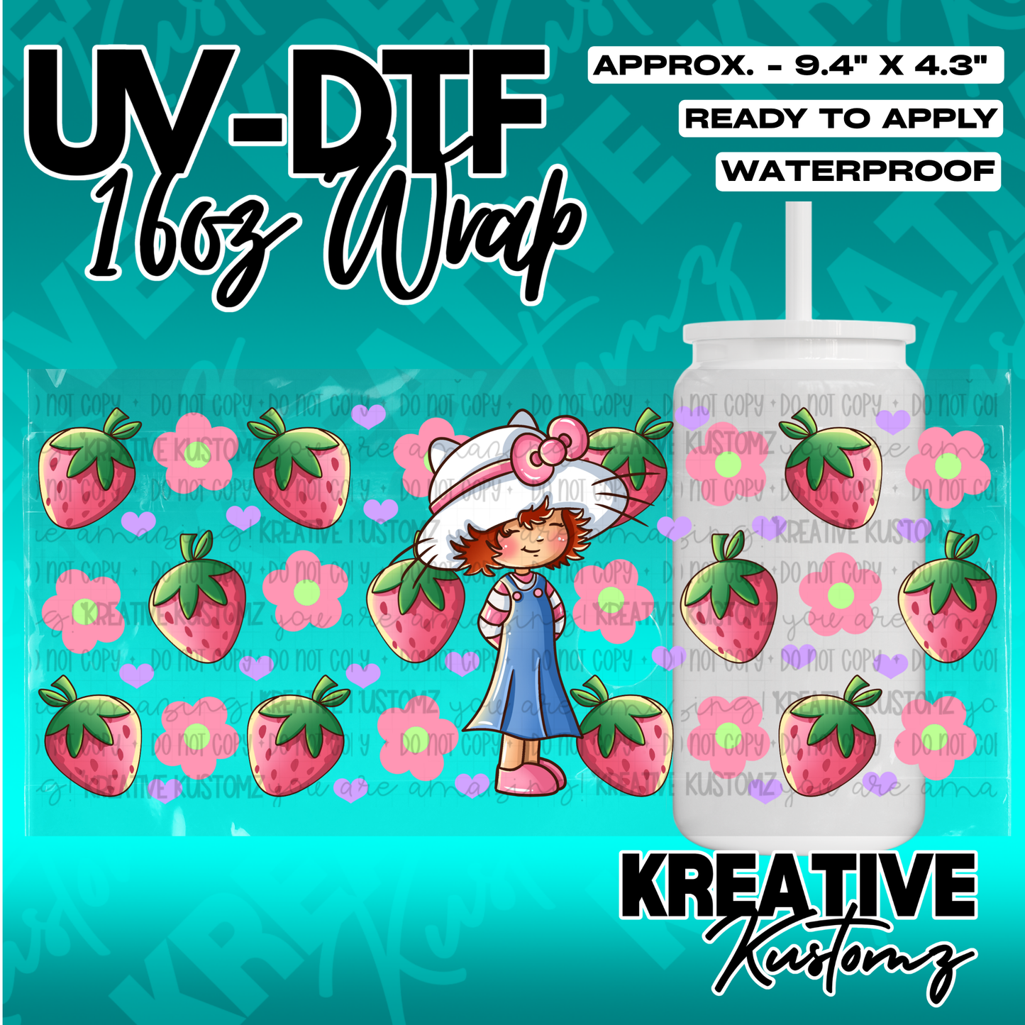 A strawberry-themed UV DTF adhesive wrap for a 16oz glass cup featuring a cartoon girl character.