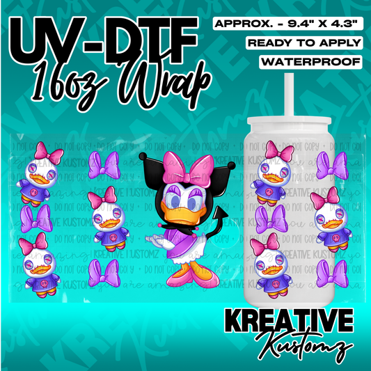 A UV DTF adhesive wrap for a 16oz glass cup featuring a cartoon duck character and purple bows.