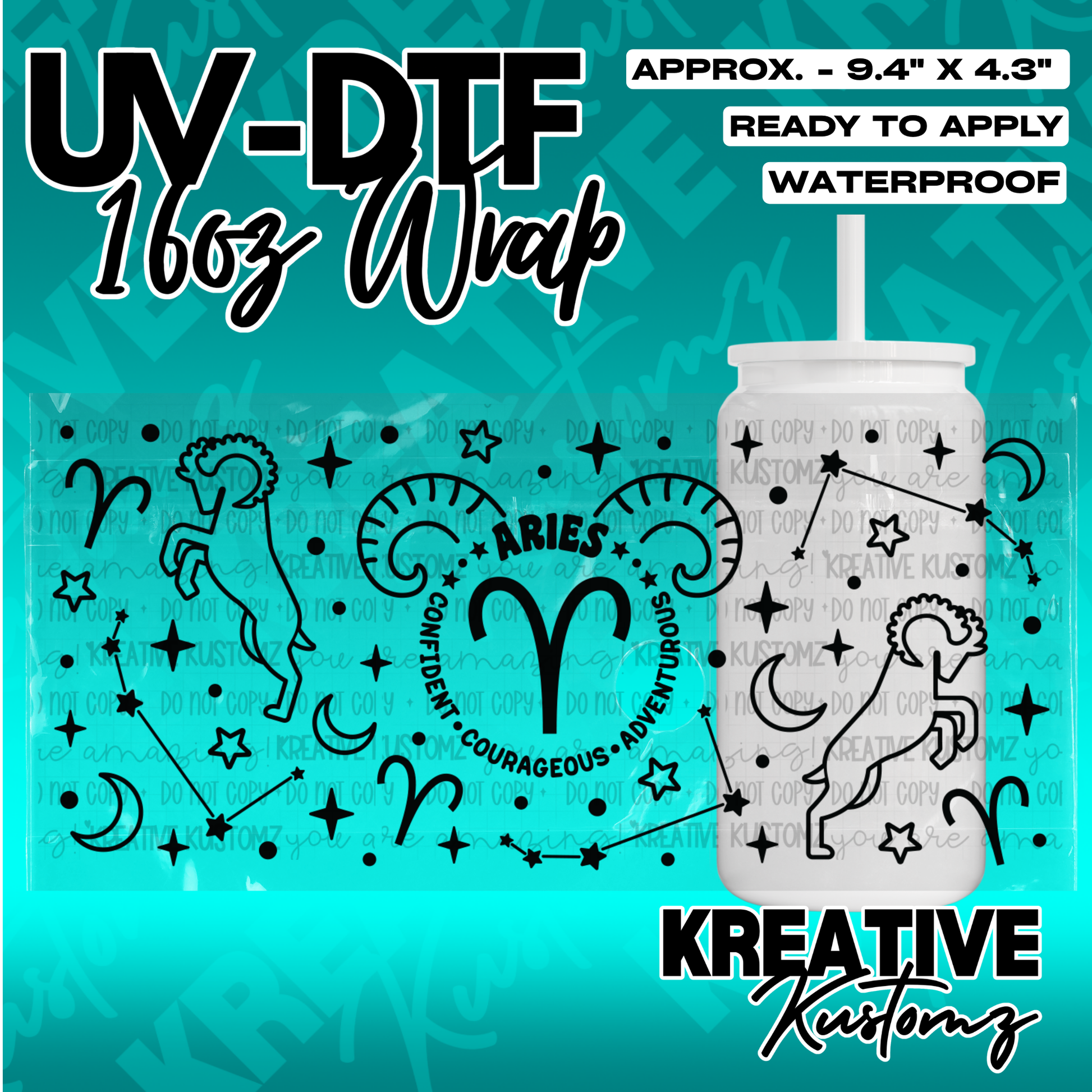 A black Aries zodiac themed UV DTF adhesive wrap for a 16oz glass can.