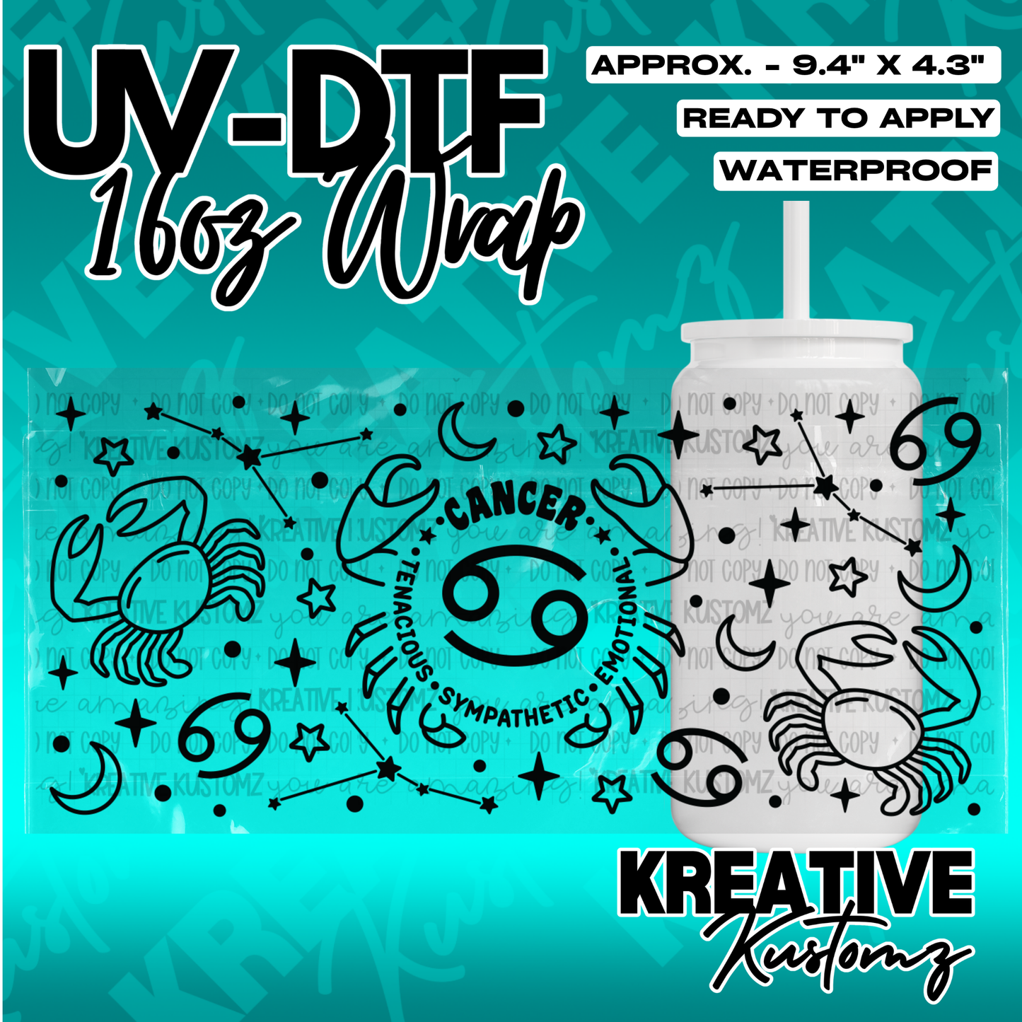 A black Cancer zodiac themed UV DTF adhesive wrap for a 16oz glass cup.