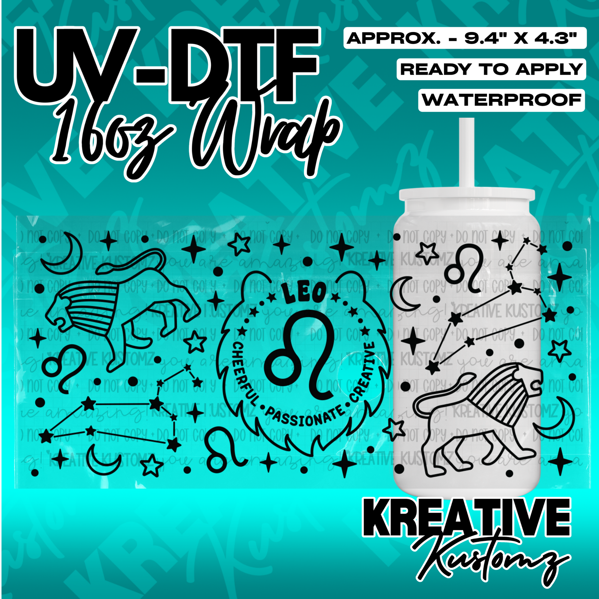 A black Leo zodiac themed UV DTF adhesive wrap for a 16oz glass can.