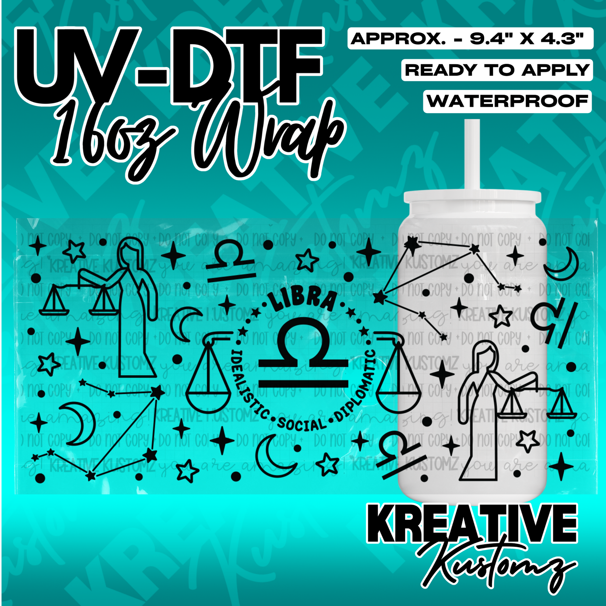 A black Libra-themed UV DTF adhesive wrap for a 16oz glass cup featuring scales and stars.