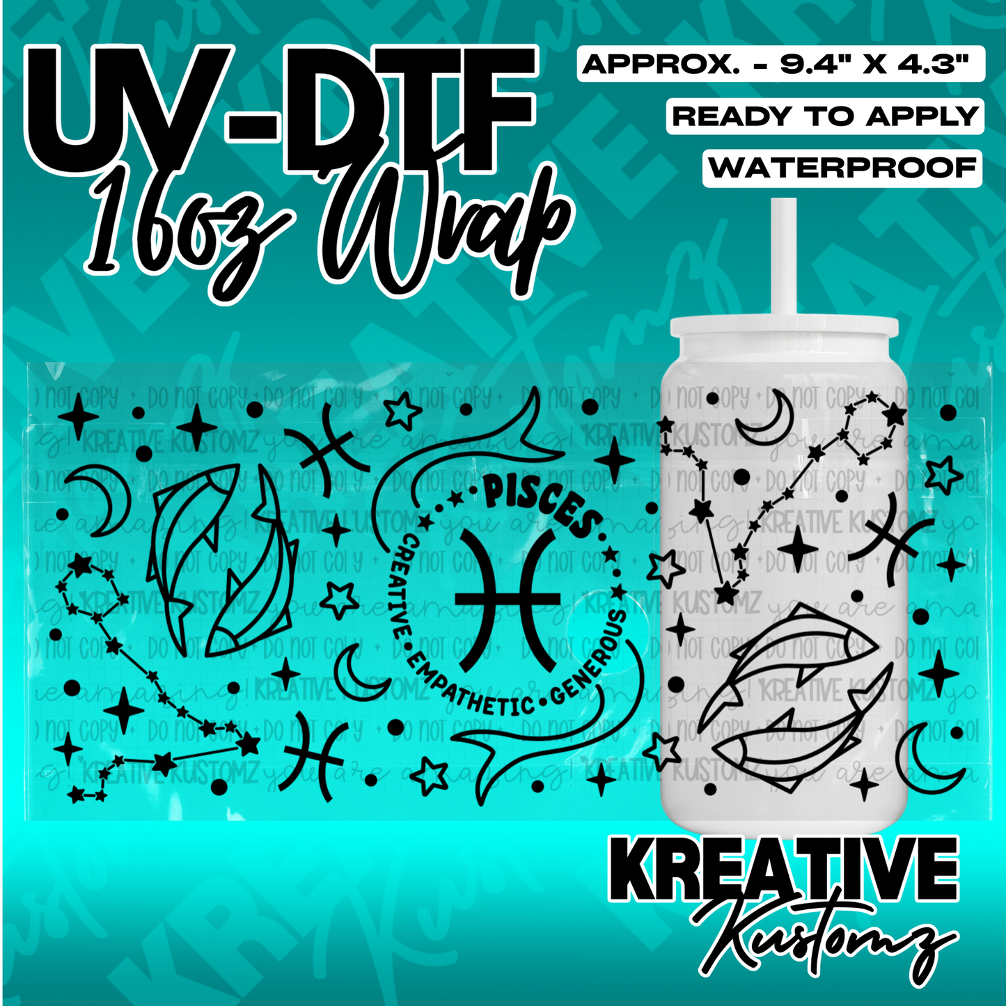 A black Pisces zodiac themed UV DTF adhesive wrap for a 16oz glass cup.