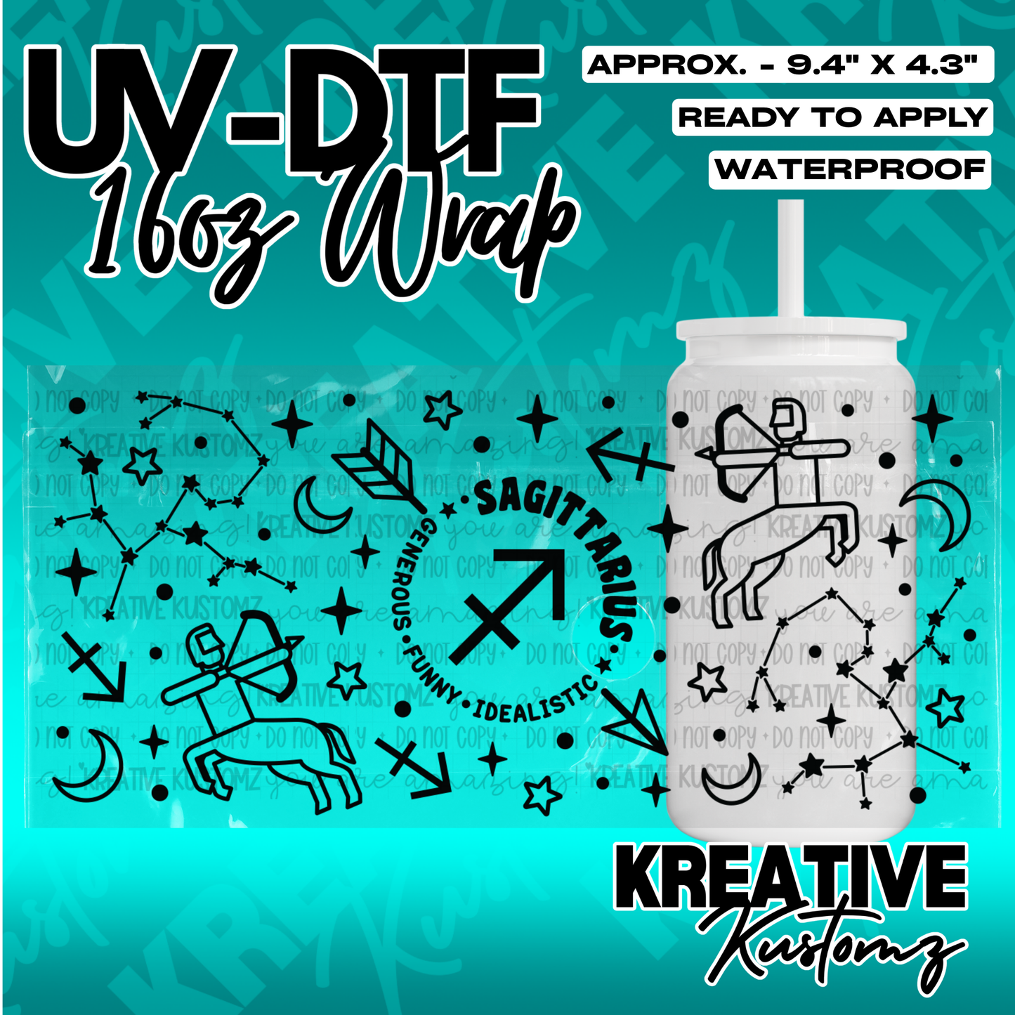 A Sagittarius themed UV DTF adhesive wrap for a 16oz glass cup featuring zodiac designs.